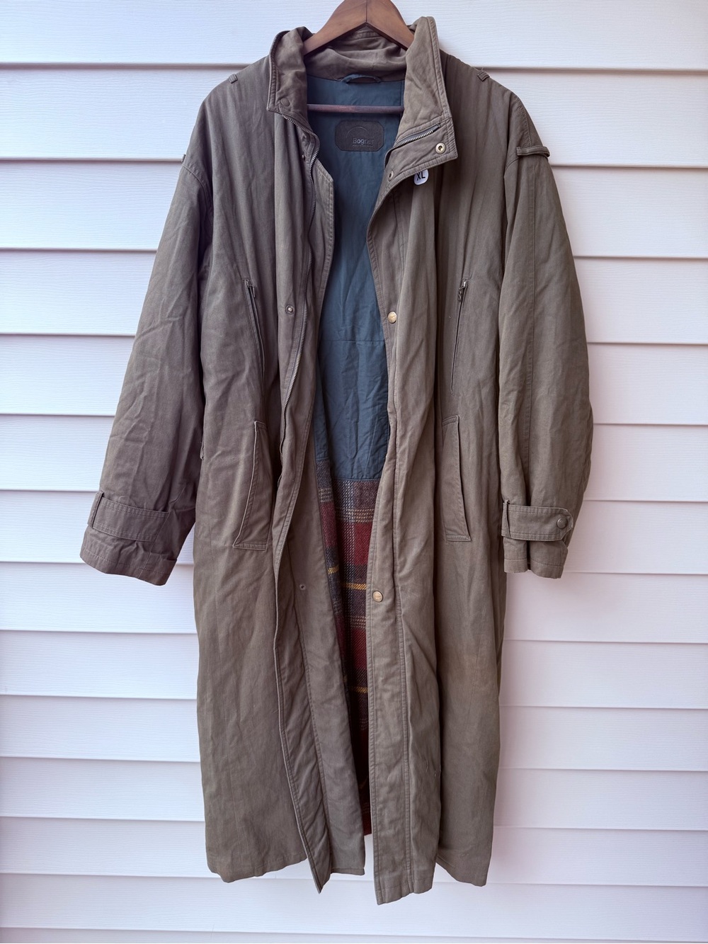 Vintage Bogner West Germany Men’s XL Long Coat Plaid Lined Olive